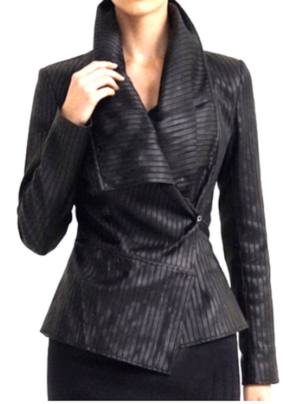 Cache Black Faux Leather Suede Stripe Zip sleeve Jacket size M